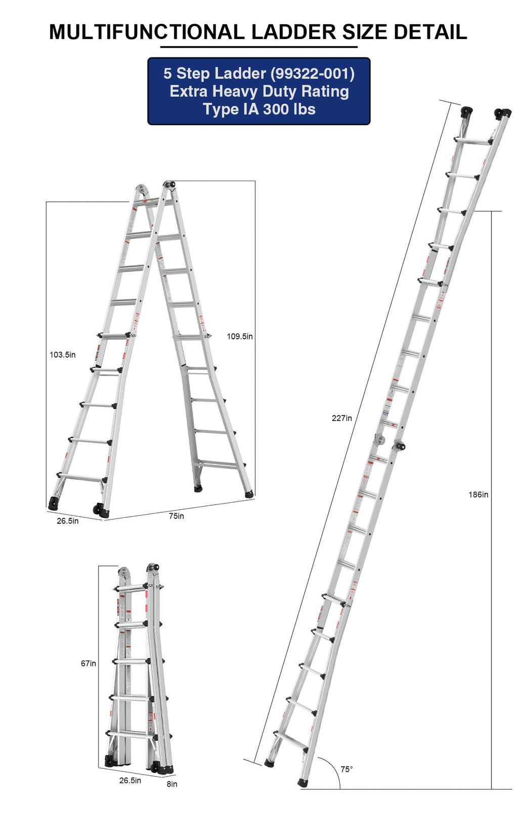 Aluminum Multi-Position Ladder with Wheels, 22 FT, 300 lbs Capacity
