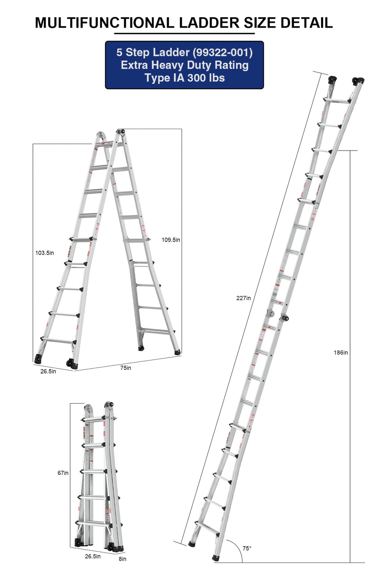Aluminum Multi-Position Ladder with Wheels, 22 FT, 300 lbs Capacity