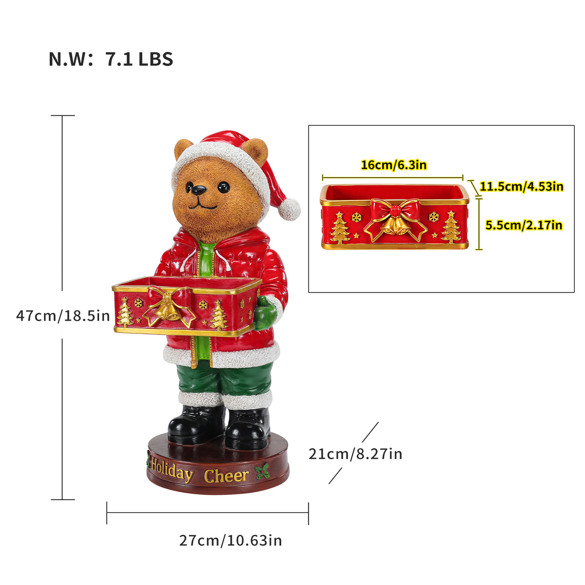 Christmas Bear Statue with Storage Tray, Red Resin, 18.5 Inches