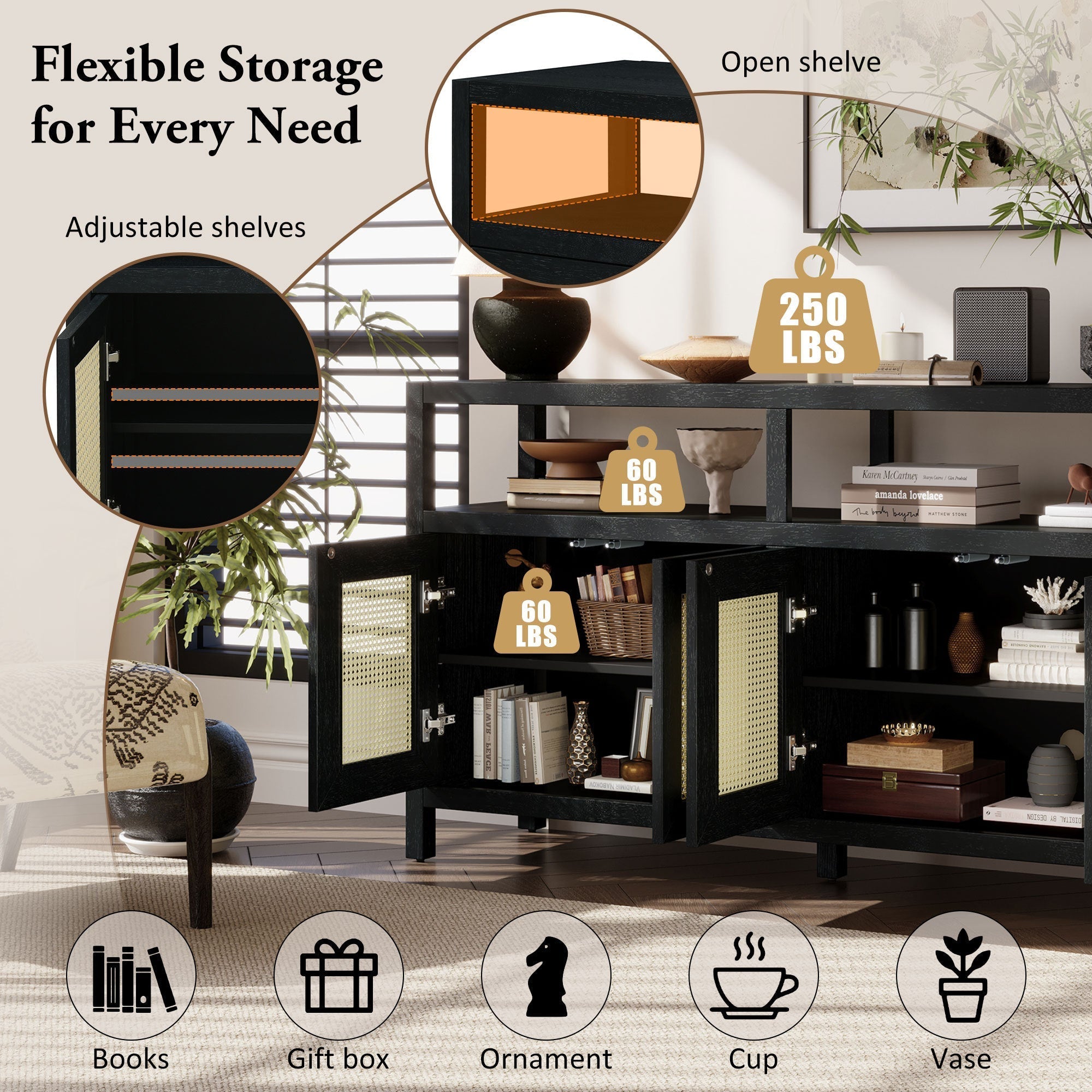 TREXM Bohemian Style Rattan Buffet Storage Cabinet with Solid Wood Frame