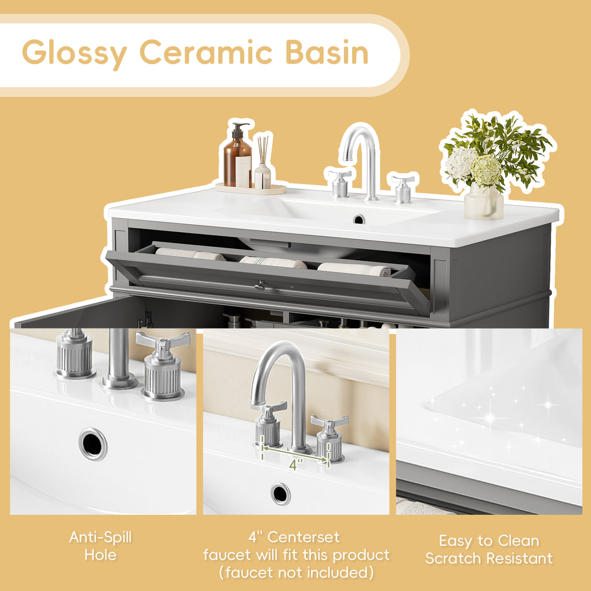 36-Inch Bathroom Vanity with Ceramic Sink, Grey, Modern Storage Cabinet