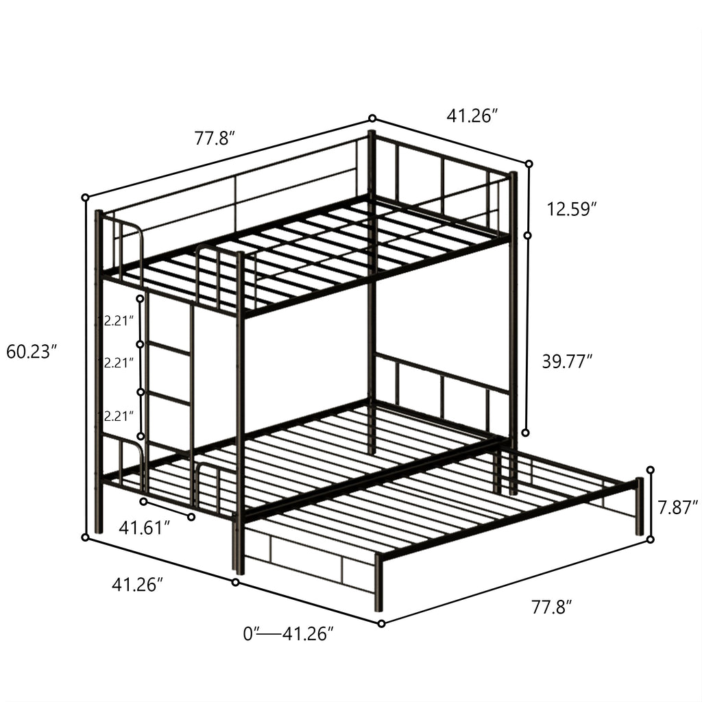 Twin Size Metal Pull-Out Bunk Bed with Guardrail and Built-In Ladder