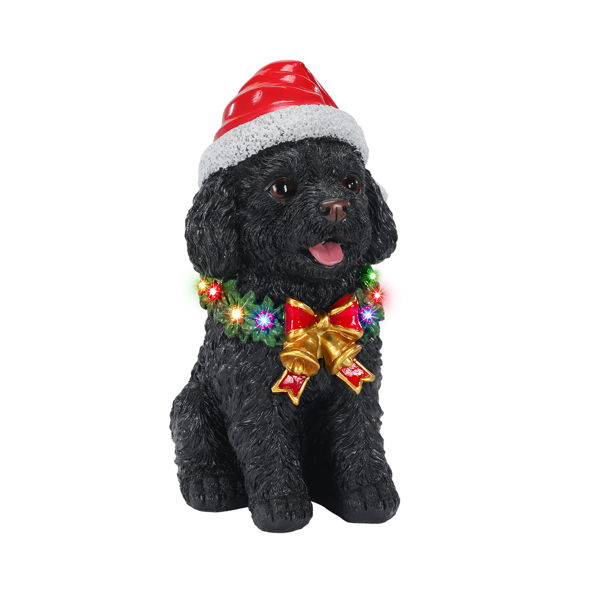 Lighted Christmas Teddy Poodle Dog Statue, Santa Hat Puppy Figurine, Black