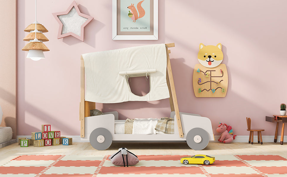 Wood Twin Size Car Bed with Pillow and Ceiling Cloth