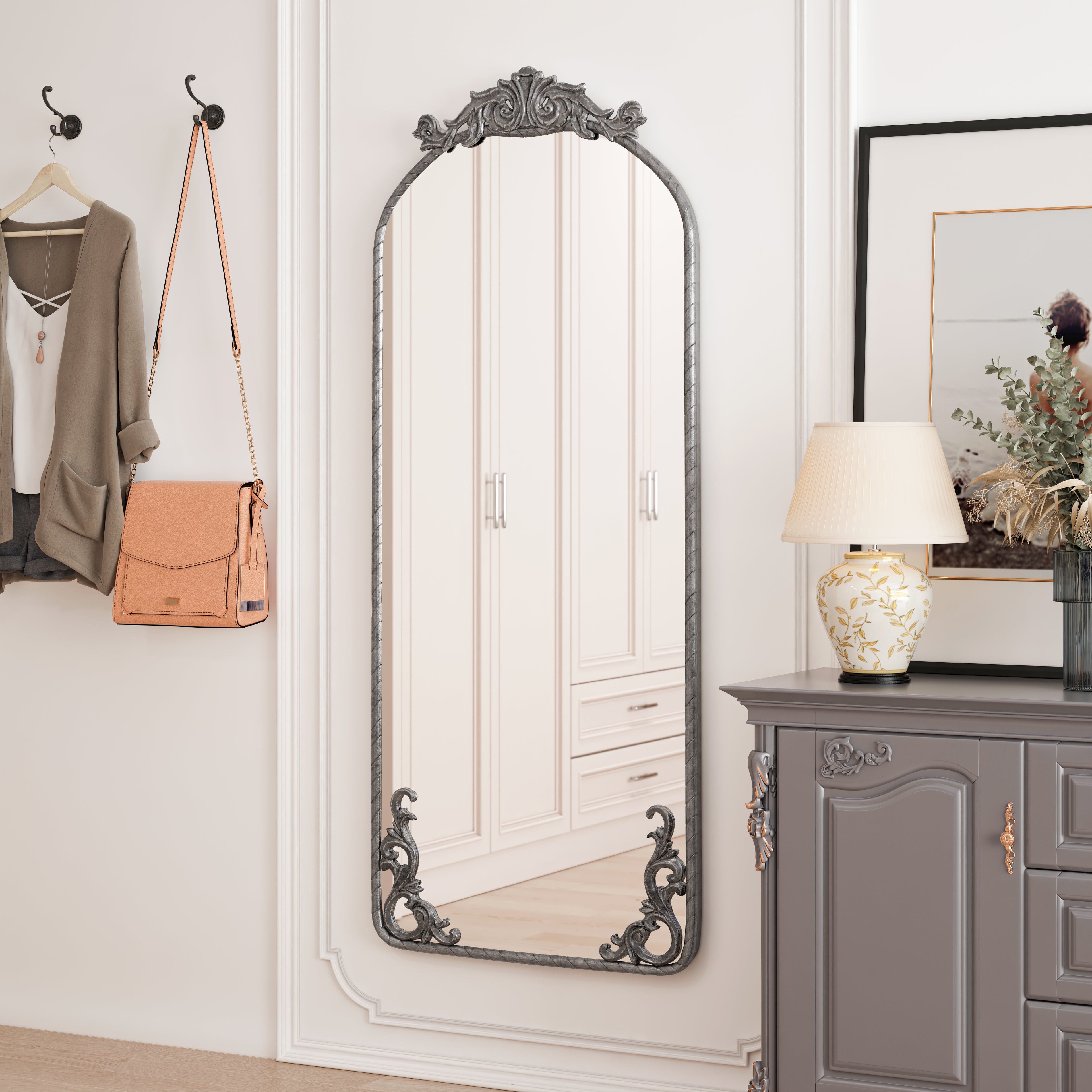 58"x24" Arched Full Body Mirror with Vintage Ornate Carving