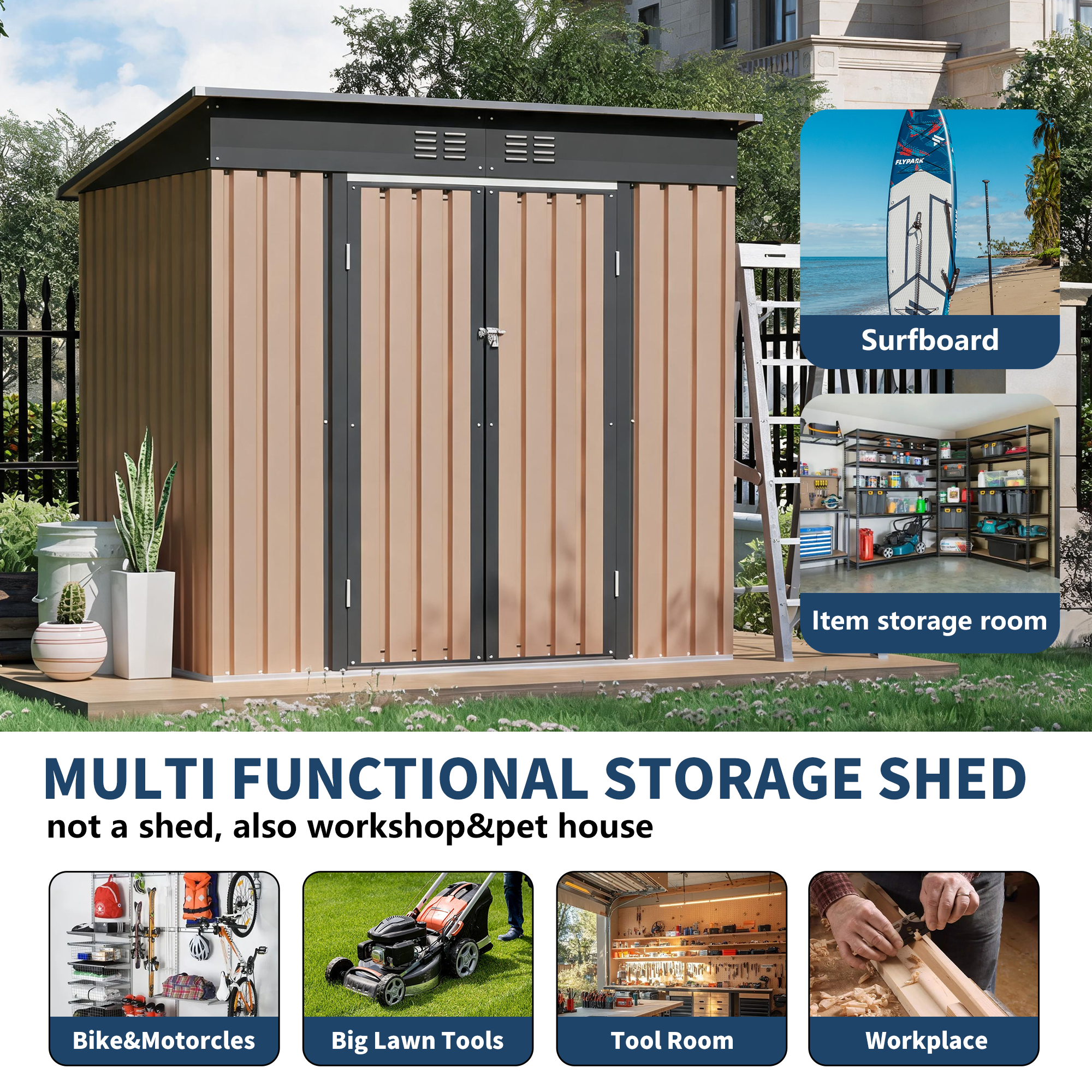 6x4 FT Metal Garden Shed with Hinge Door Pent Roof