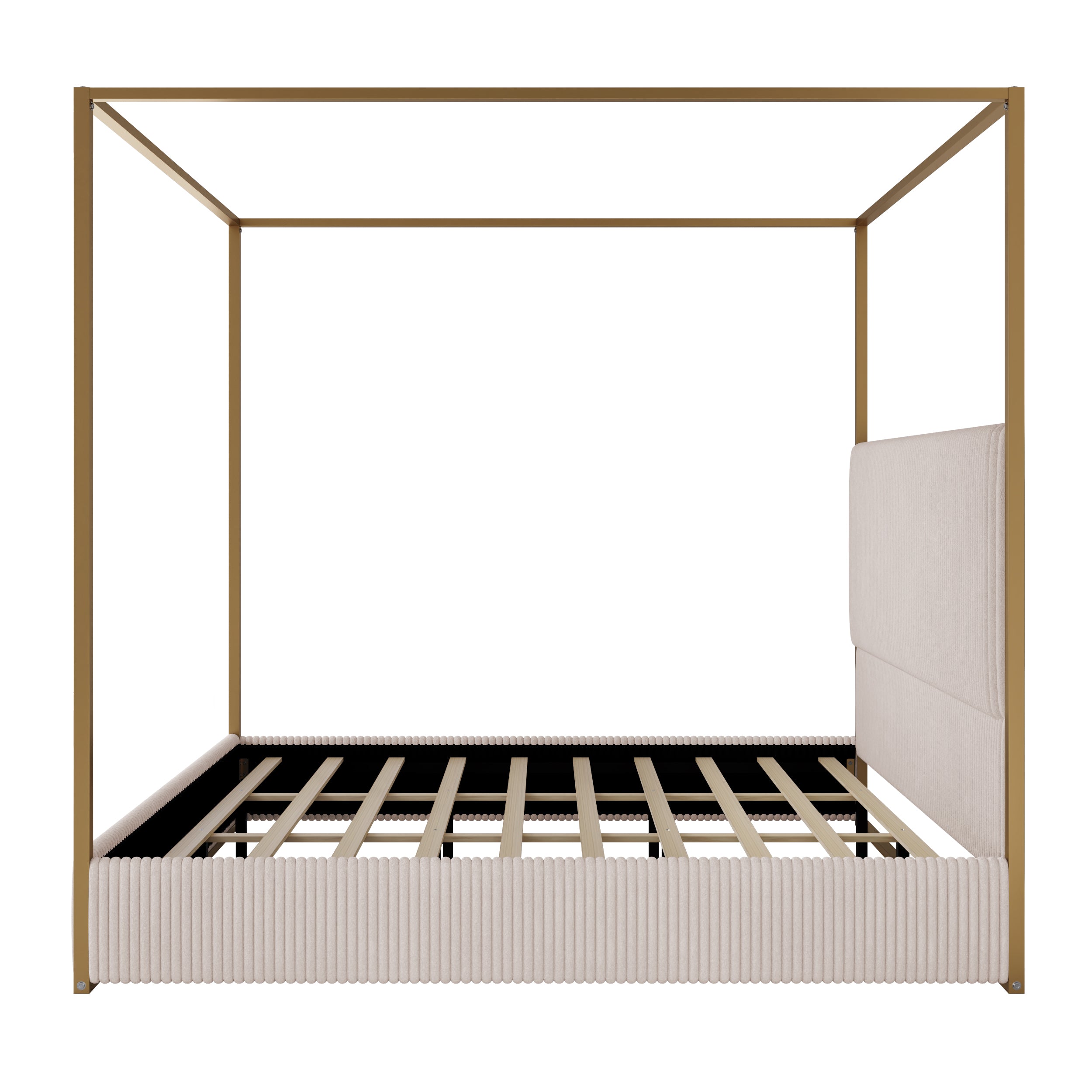 Modern Luxury Metal Canopy Bed with Tall Corduroy Upholstered Headboard