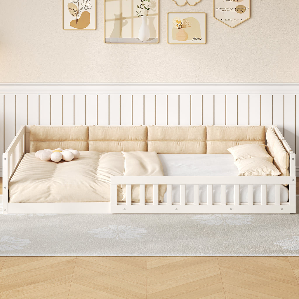 Wood Full Size Upholstered Platform Bed with Guardrail and Pillow