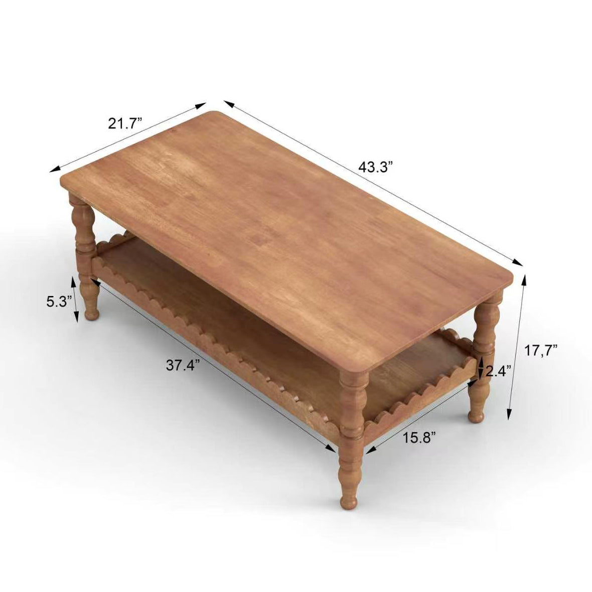 Rectangle Coffee Table Solid Wood Coffee Table with Storage Shelf,Farmhouse 2-Tier Center Table Lacquered Classical Legs,Easy Assembly Apartment Center Sofa Table  for Living Room