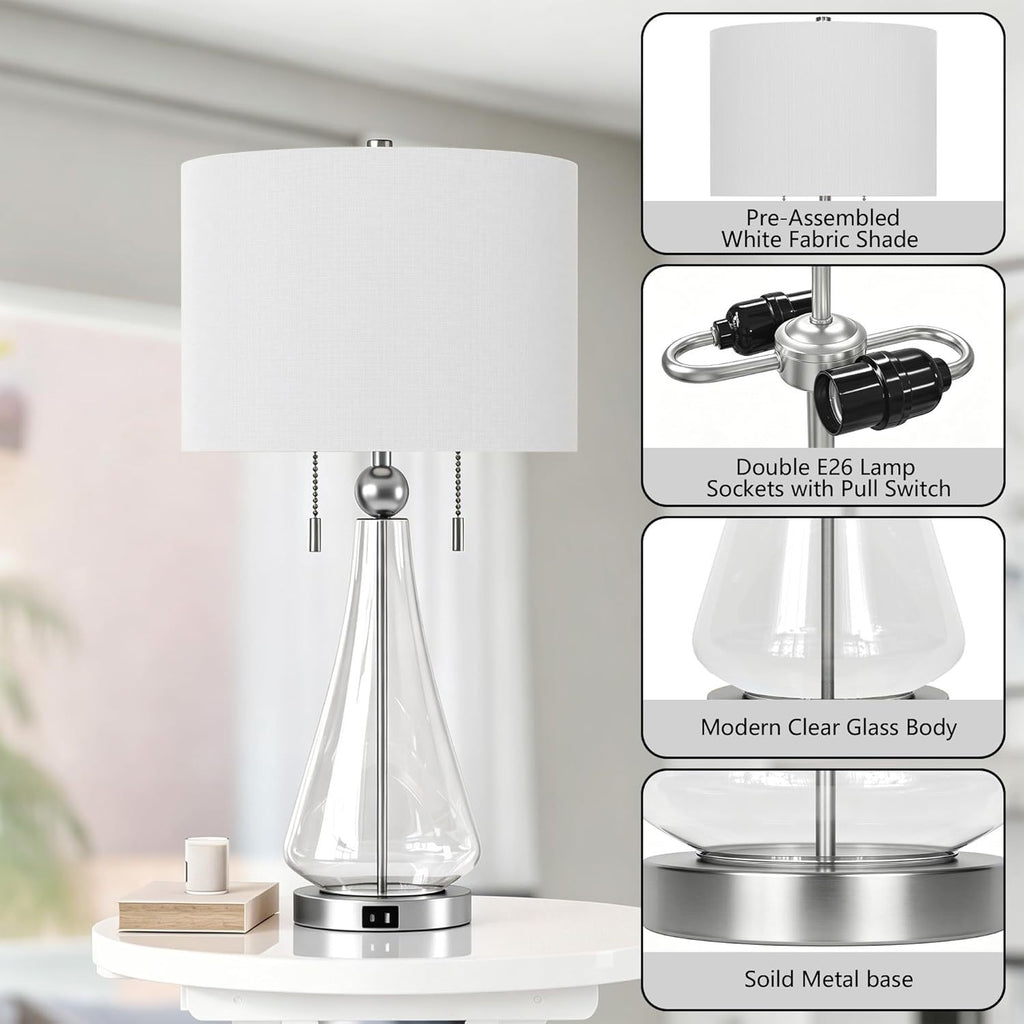 Modern Glam Glass Table Lamp, 28 Inches, USB Charging, Nickel