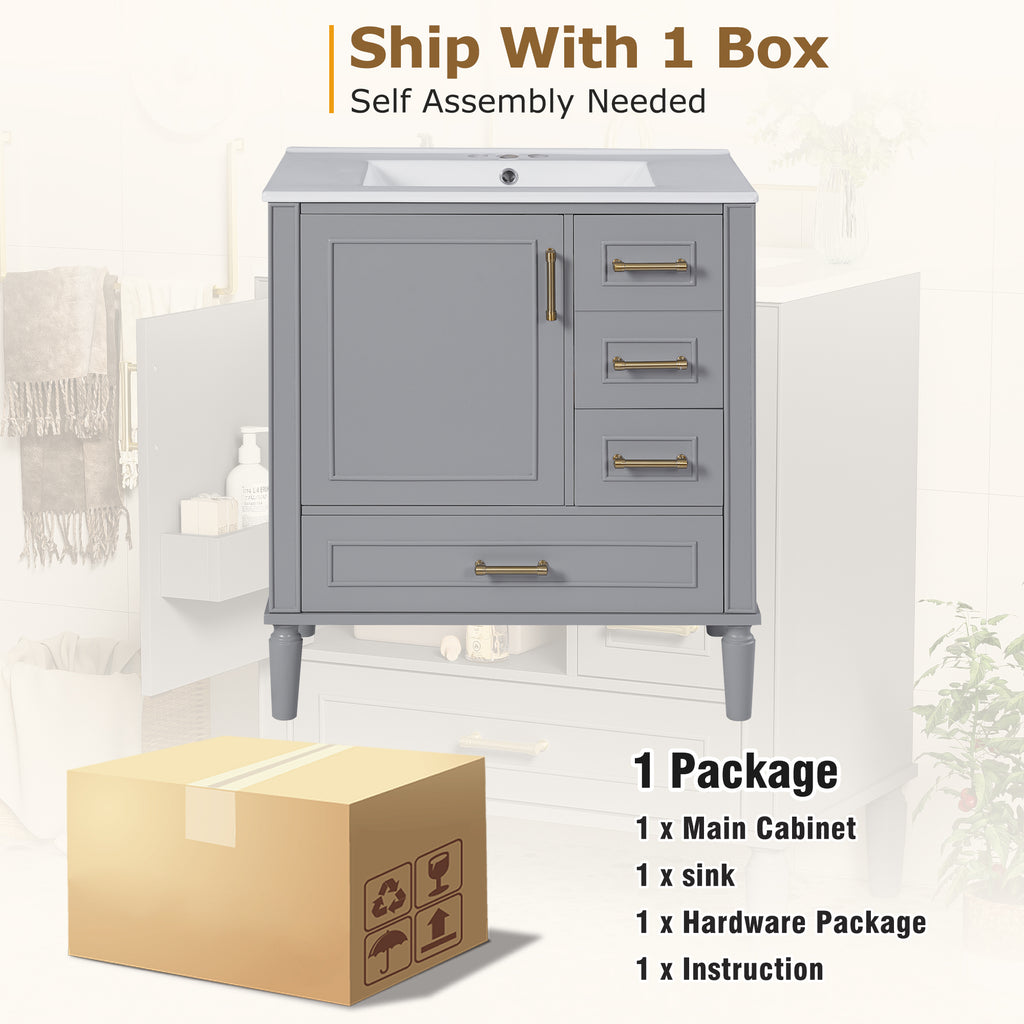 30" Bathroom Vanity with Ceramic Sink, Soft-Close Door and Ample Storage
