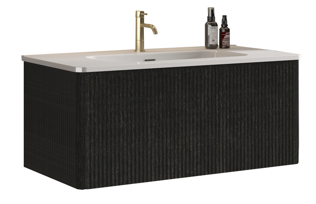 Etna 36-Inch Striped Floating Bathroom Vanity with Ceramic Sink, Black