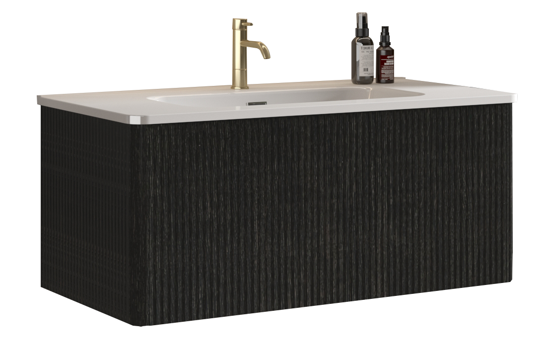 Etna 36-Inch Striped Floating Bathroom Vanity with Ceramic Sink, Black