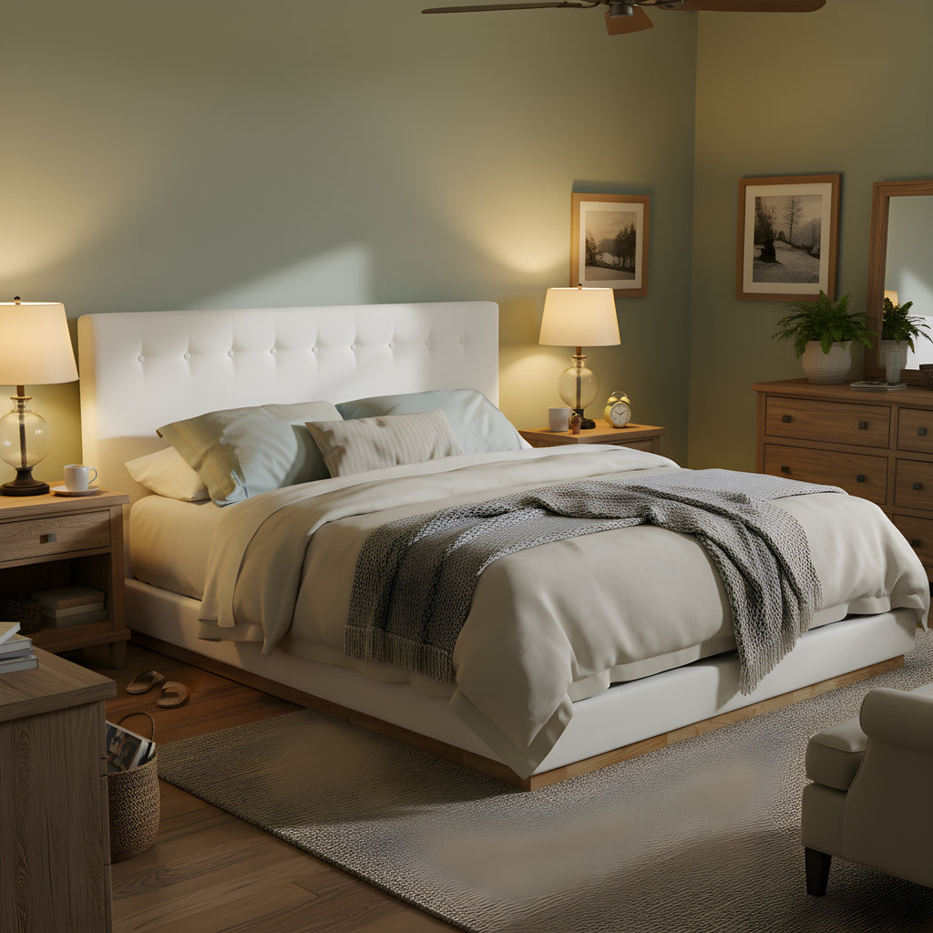 Solid Rubber Wood Platform Bed with Upholstered Headboard