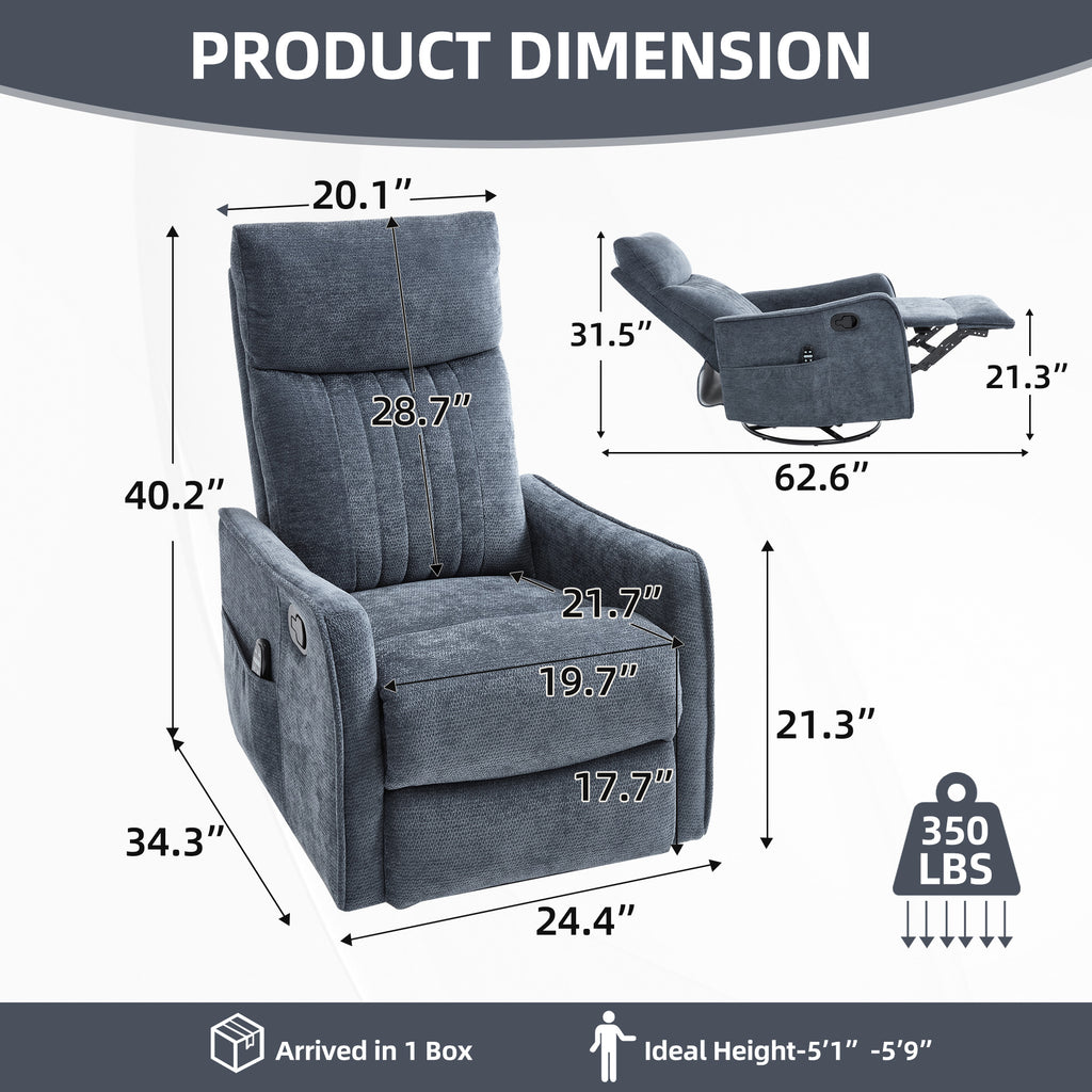 Blue Heat Massage Manual Recliner Chair with Rocker and Swivel in Fabric for Living Room