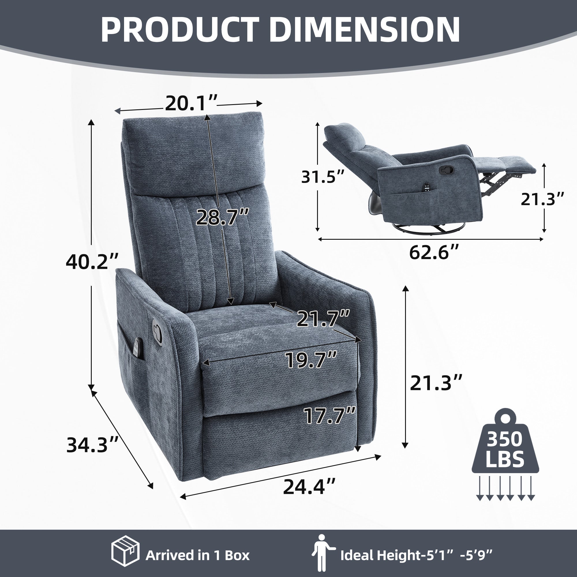 Blue Heat Massage Manual Recliner Chair with Rocker and Swivel in Fabric for Living Room