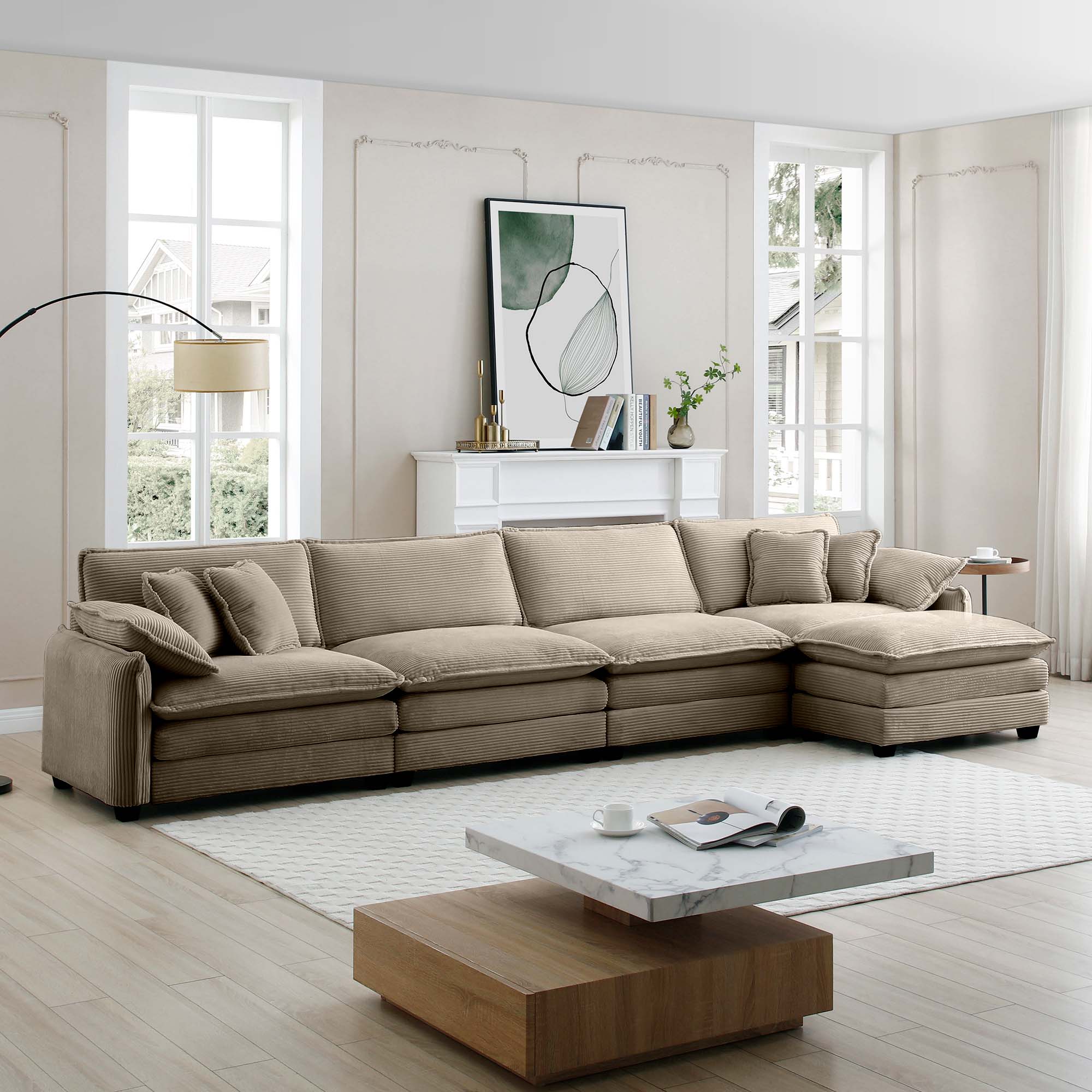 Corduroy Sofa Modern Upholstered 4 Seater with Footstool