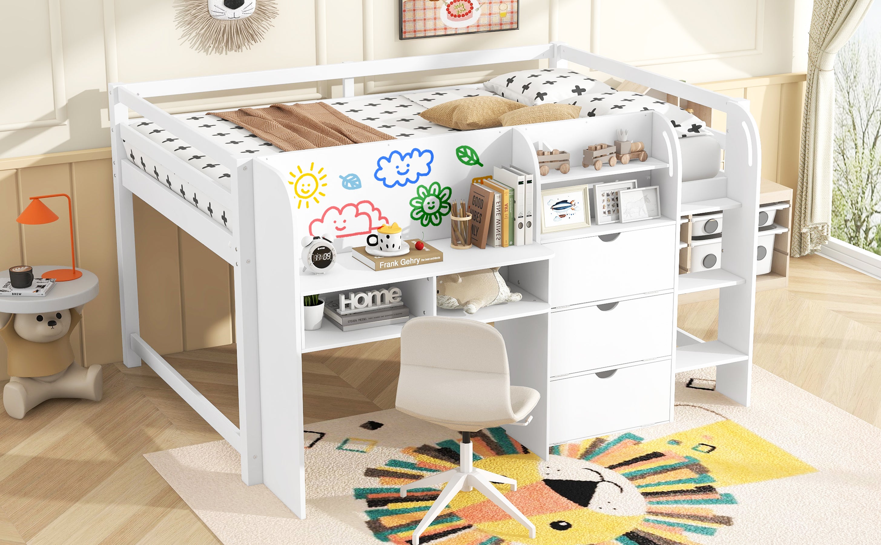 Full Size Low Loft Bed with Built-in Desk, Storage Cabinets and Open Bookcase