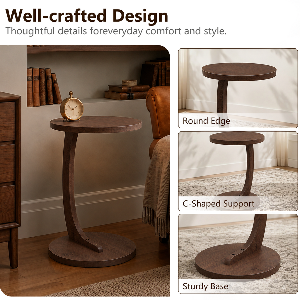 C-Shaped End Table, 14.96-Inch Round, Walnut