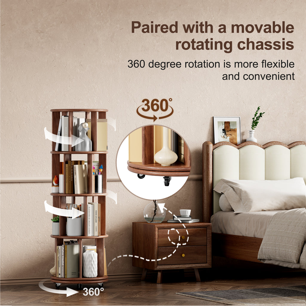 Solid Wood Rotating Bookshelf on Wheels - 4 Tier