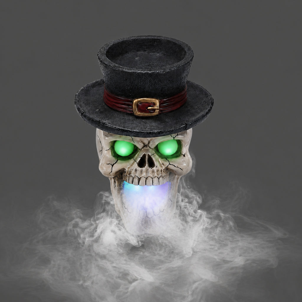 LED Light-Up Skull with Top Hat & Mist Maker Halloween Decoration