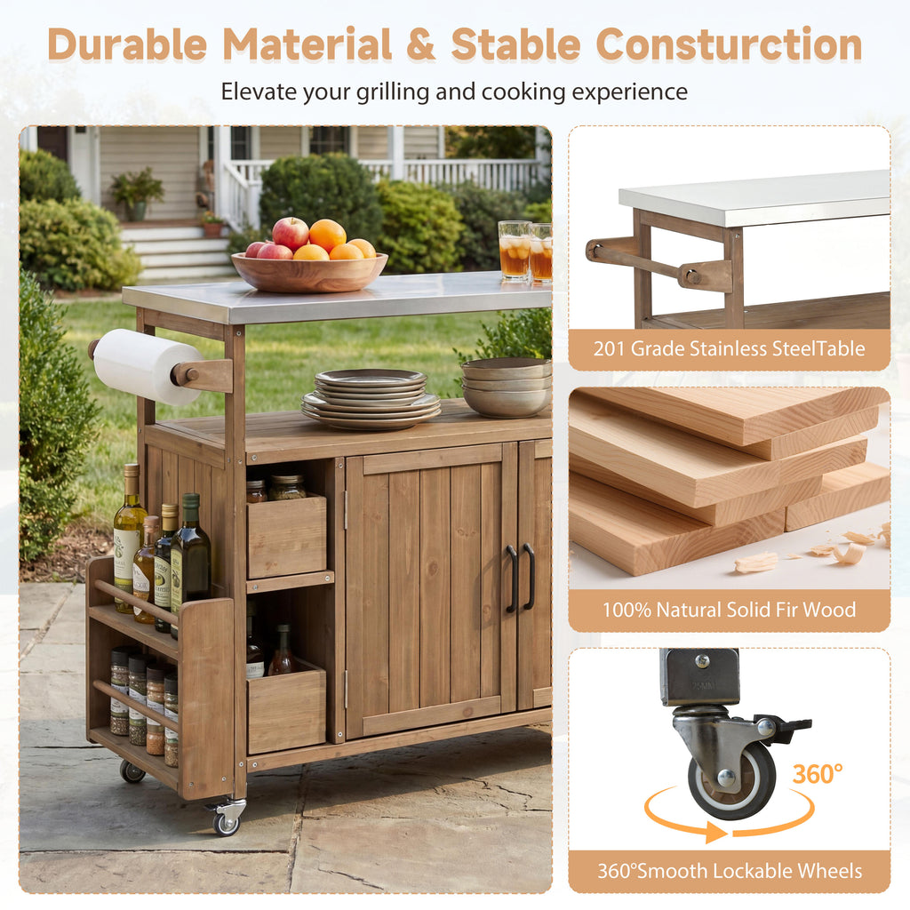 54.33" Farmhouse Rolling Outdoor Kitchen Cart, Solid Wood Frame with Stainless Steel Top, Spice Rack, Towel Rack, Lockable Wheels & Multi-Functional Storage for Patio, Backyard BBQ & Kitchen