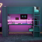 Wood Twin Size Gaming Loft Bed with Desk, Multi-storage Shelves, LED and Charging Station