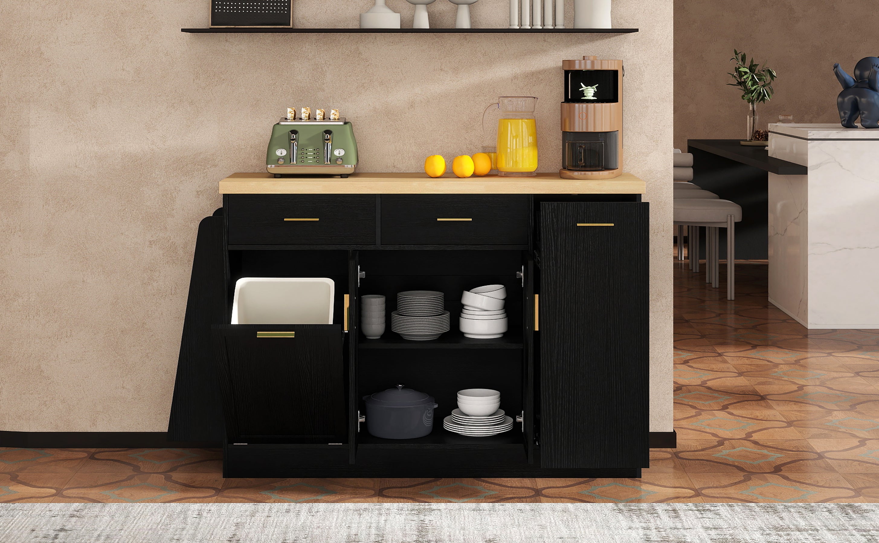 TREXM Multi-Functional Storage Sideboard, Trash Can Storage, Black