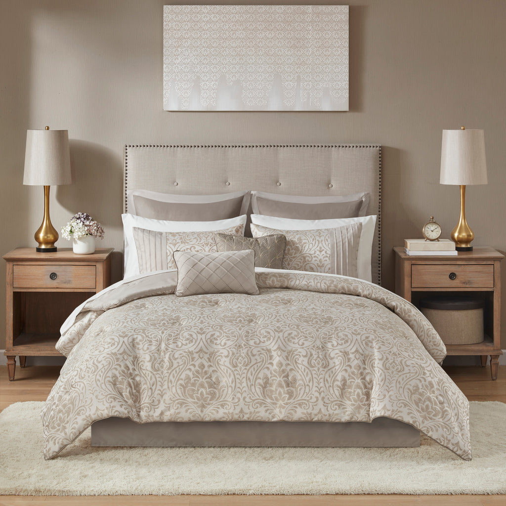 12 Piece Jacquard Comforter Set with Bed Sheets Khaki Cal King