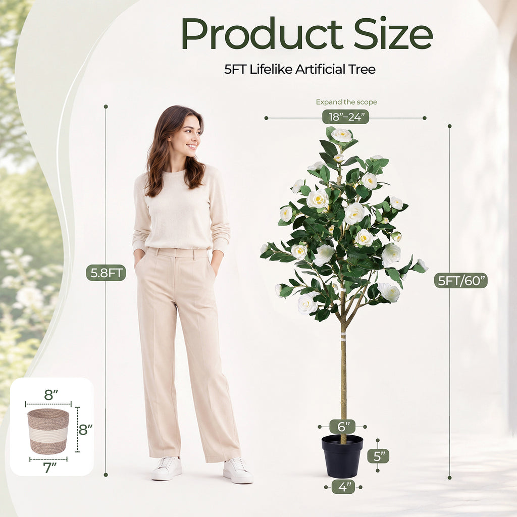 Artificial Camellia Tree 5-FT - Faux Plants Indoor Decoration