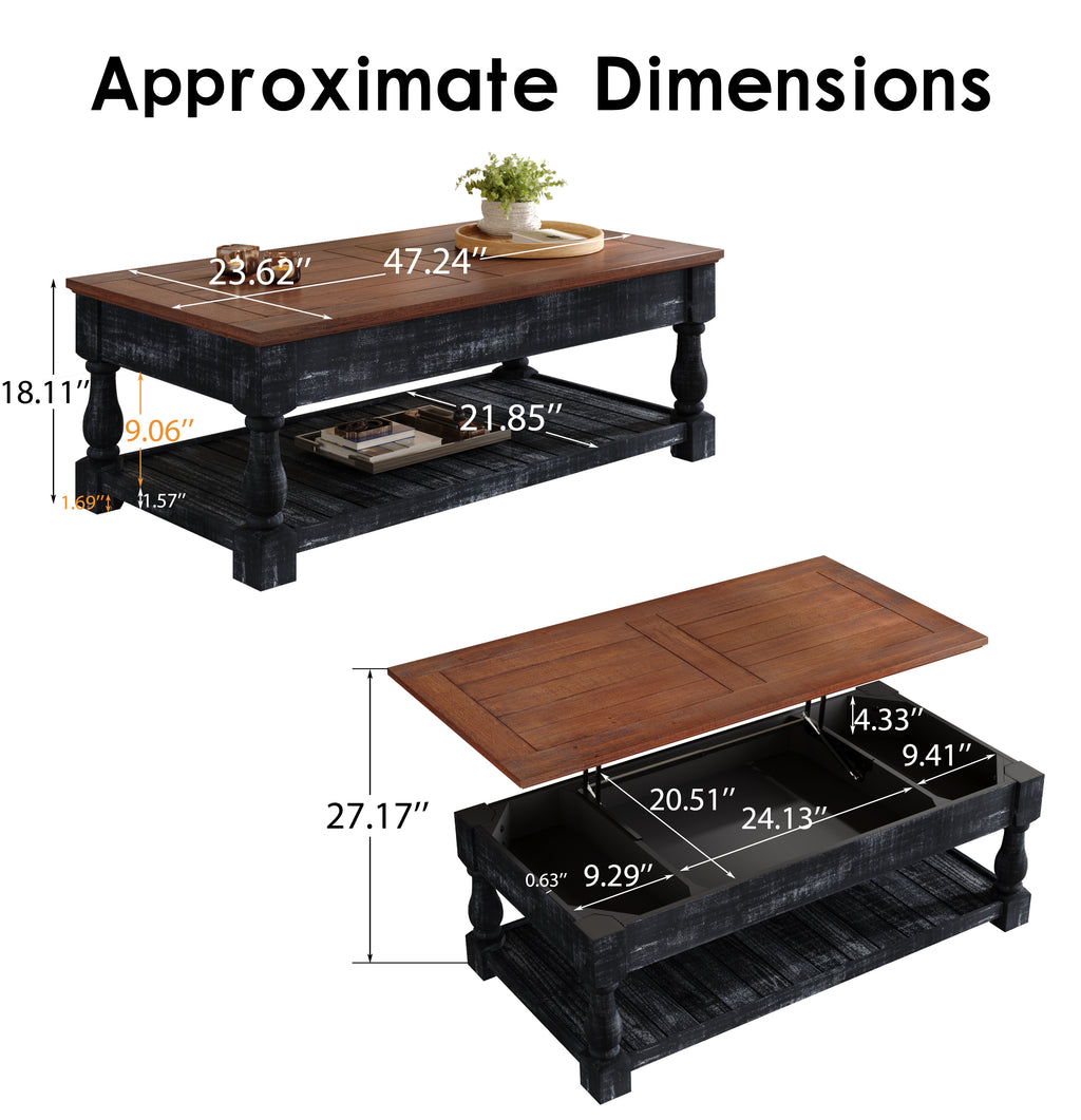 Retro Lift-Top Coffee Table with Hidden Storage and Lower Shelf, Antique Black