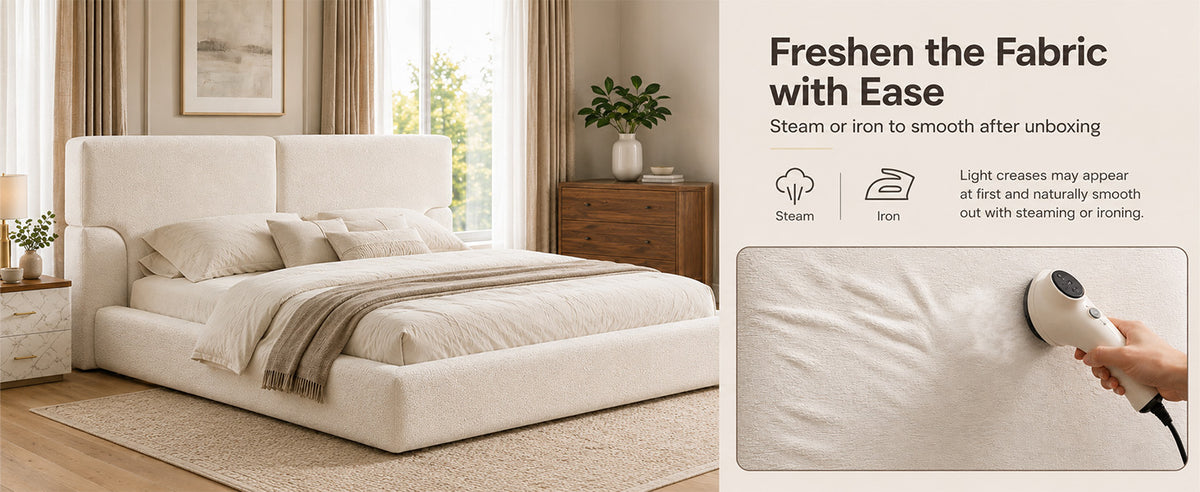 King Platform Bed Frame with Padded Textured Fabric Headboard, Modern Low Profile Metal Foundation, No Box Spring Required, Sturdy Reinforced Iron Frame, Quick Assembly, Squeak Free