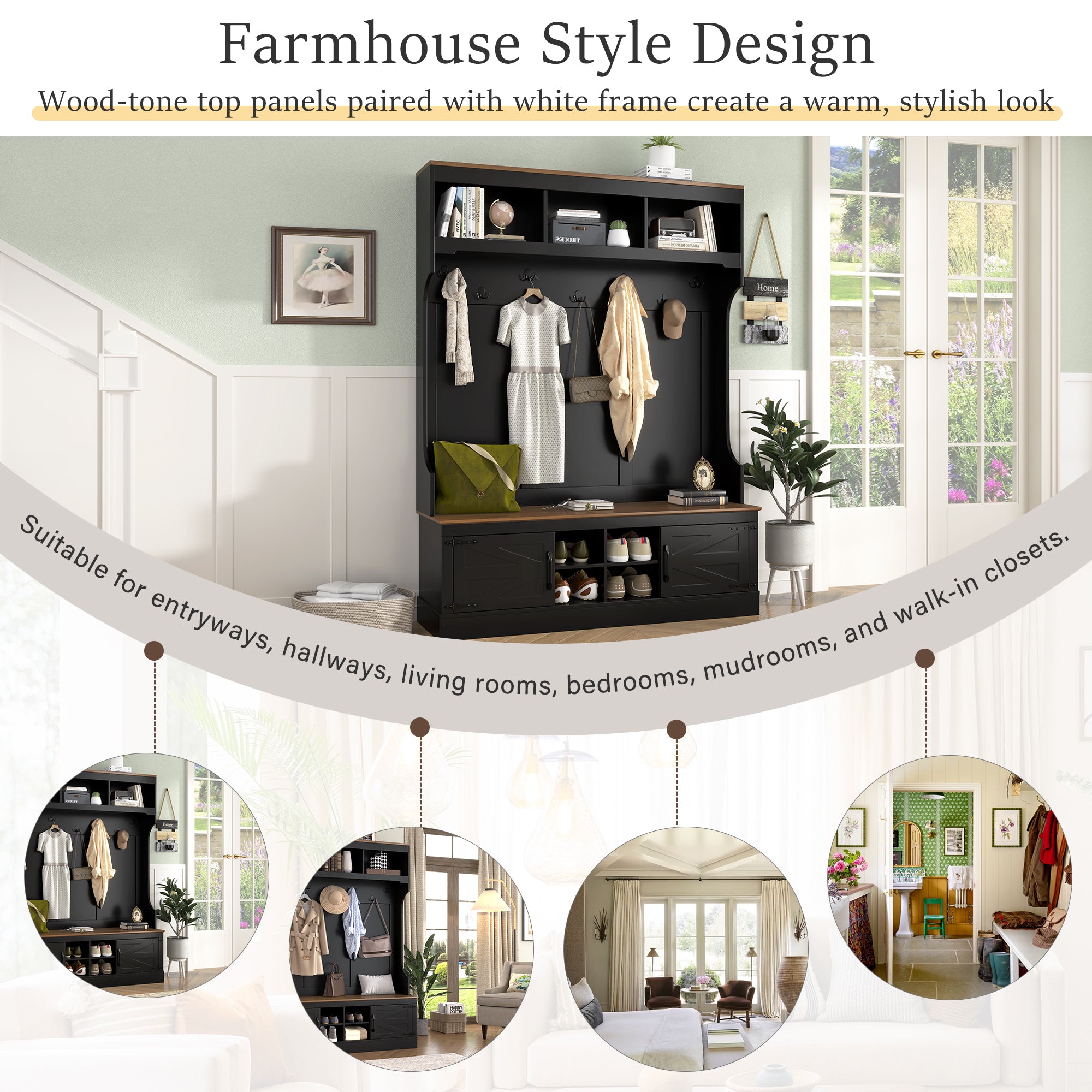 Vibe Haus 71"H Farmhouse Hall Tree with Bench and Shoe Storage