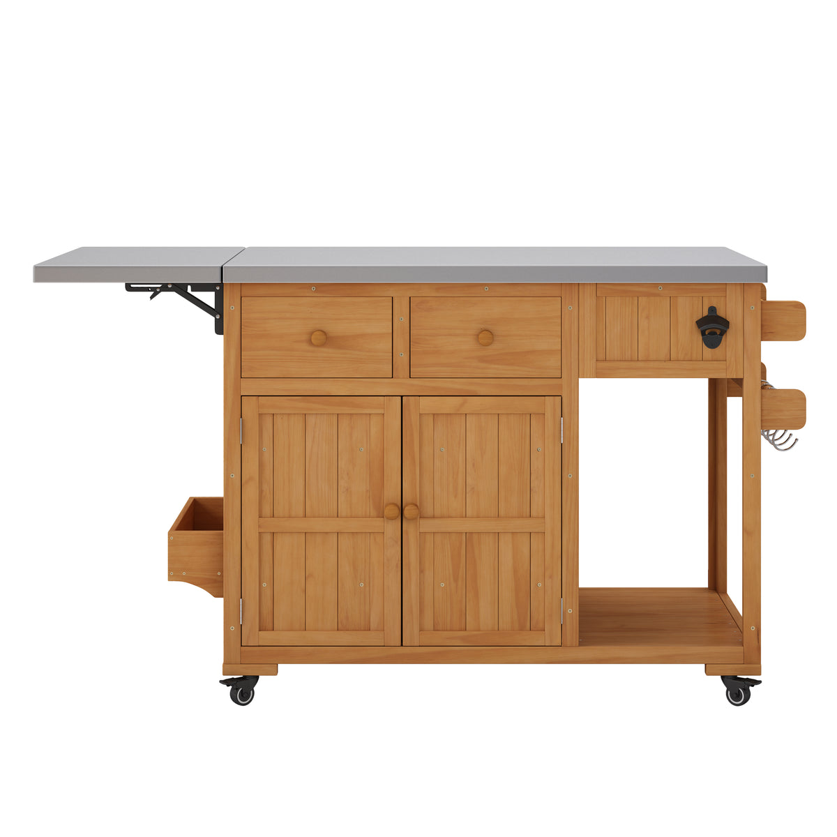 TOPMAX 59.9-Inch Outdoor Kitchen Cart, Solid Fir Wood with Extendable Stainless Steel Top, Natural