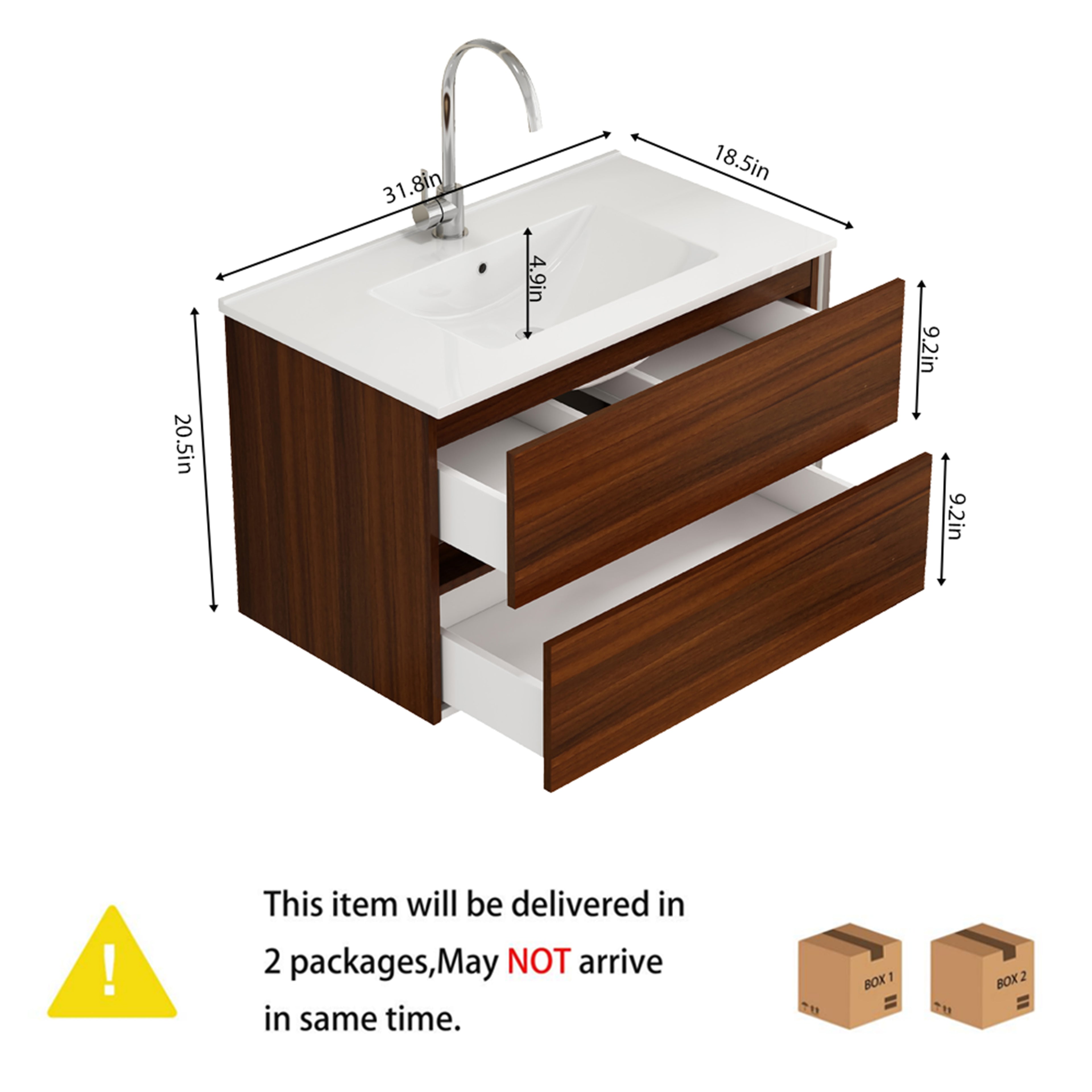 32-Inch Wall-Mounted Bathroom Vanity with Double Drawers