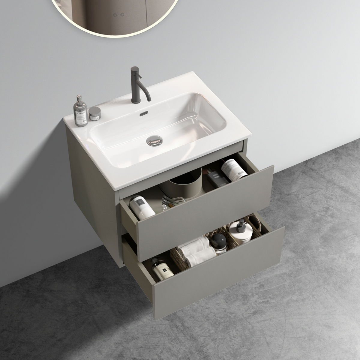 TIA 24-Inch Wall Mounted Bathroom Vanity, Gray, Ceramic Sink