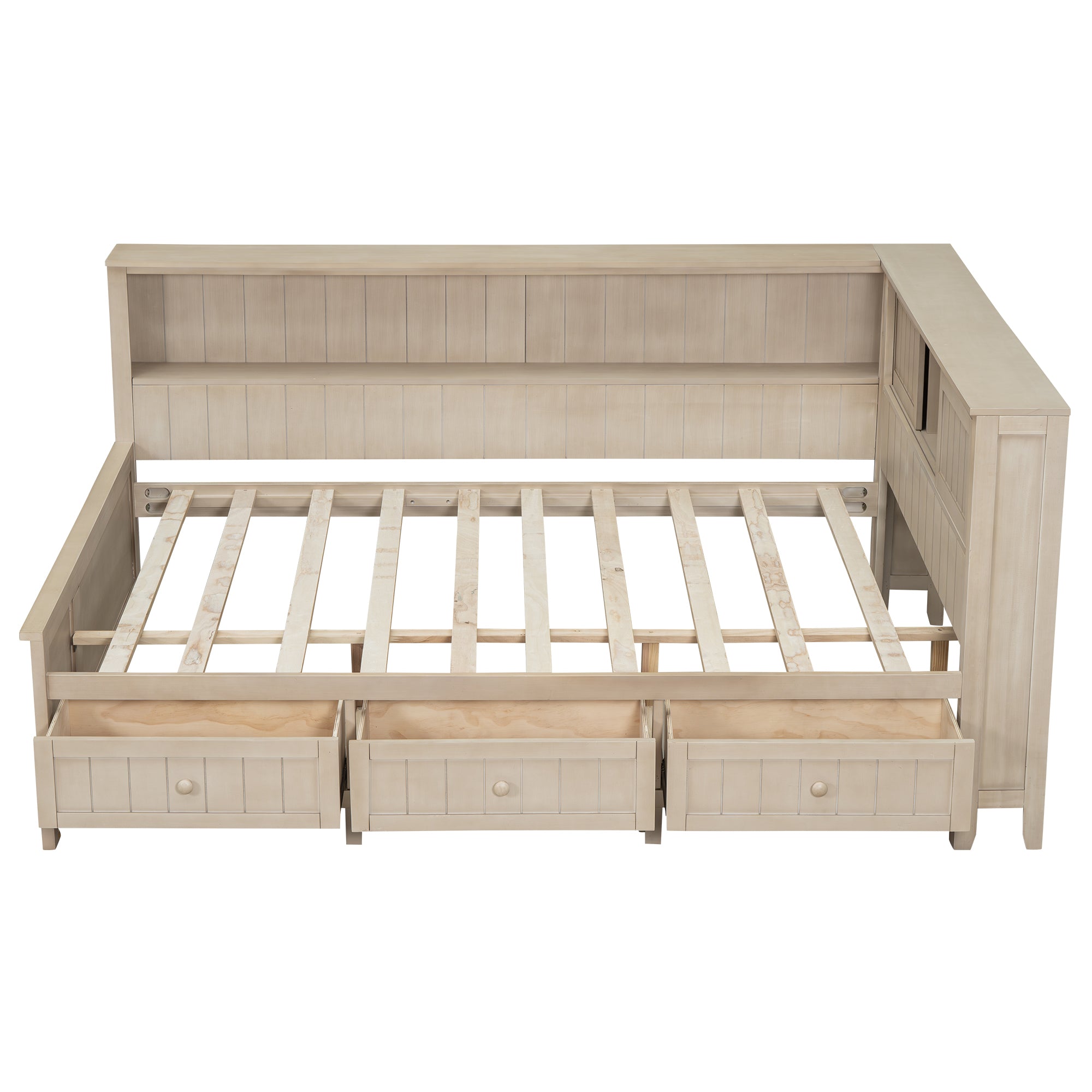 Full Size Wood Daybed with Storage Shelves and 3 Drawers, Antique