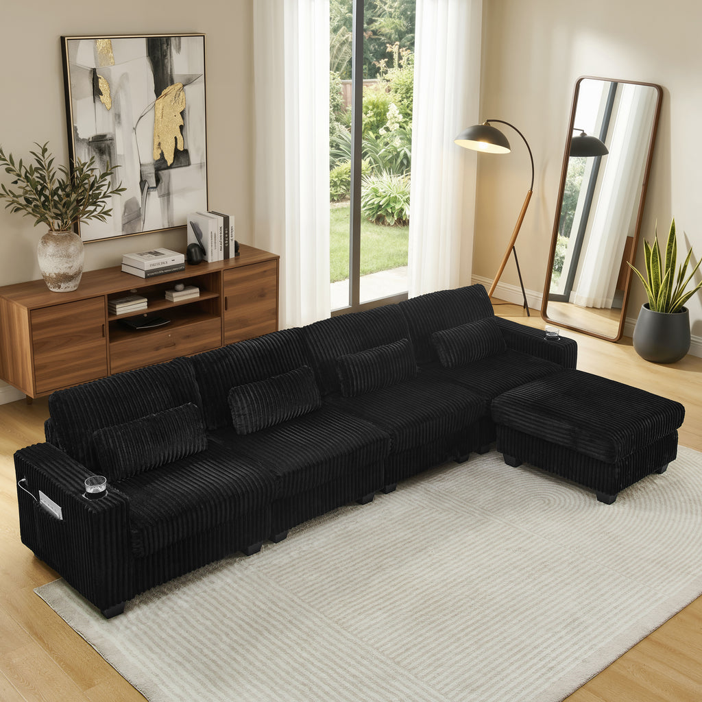 L-Shaped Corduroy Modular Sectional Sofa with Detachable Footrest