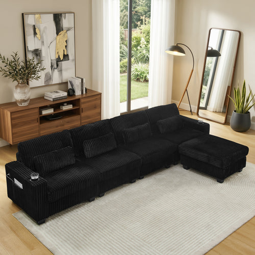 L-Shaped Corduroy Modular Sectional Sofa with Detachable Footrest