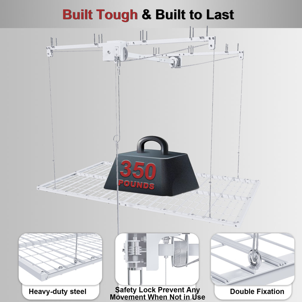 White Overhead Garage Storage Rack 4x8 FT for High Ceilings