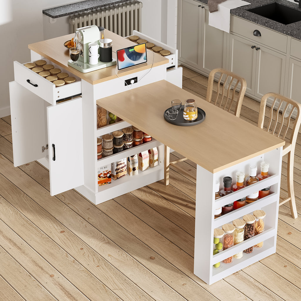 Extendable Island Console with Drawers, Double-Door Cabinet & Open Shelving
