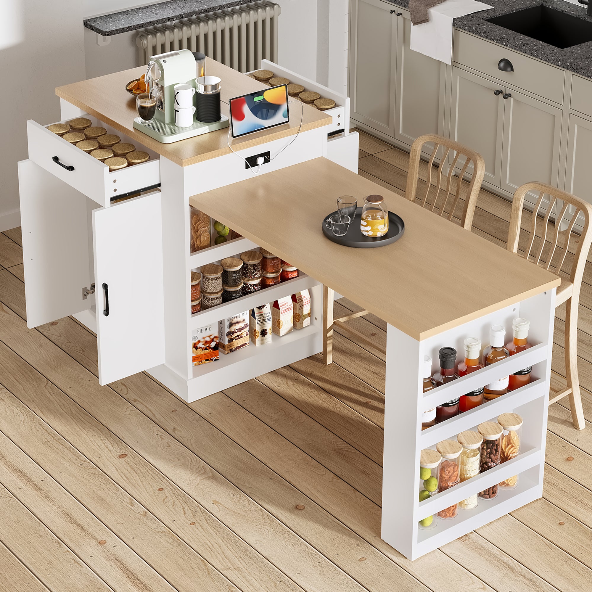Extendable Island Console with Drawers, Double-Door Cabinet & Open Shelving