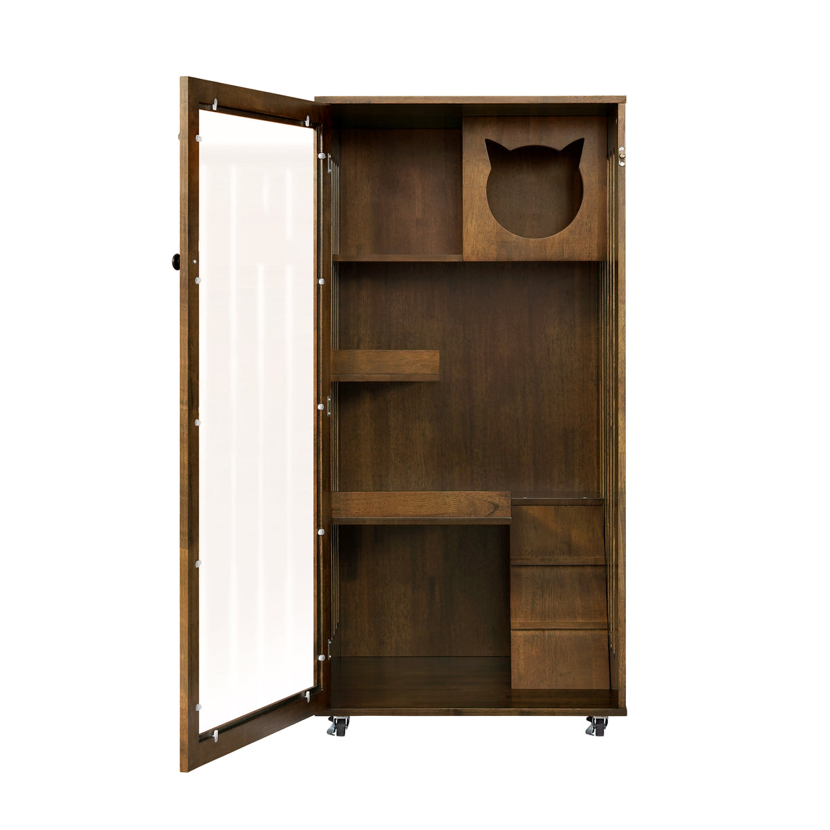 Basia Indoor Rubber Wood Cat Cabinet with Wheels