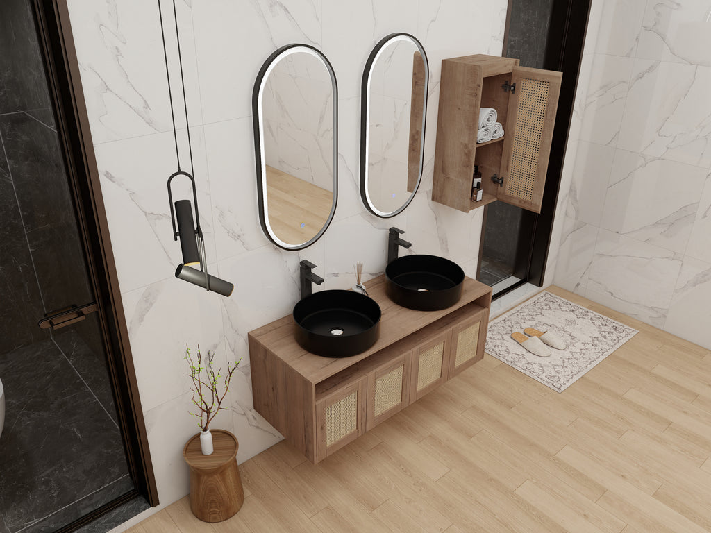 48" Bathroom Vanity with 2-Ceramic Art Sink and Side Cabinet