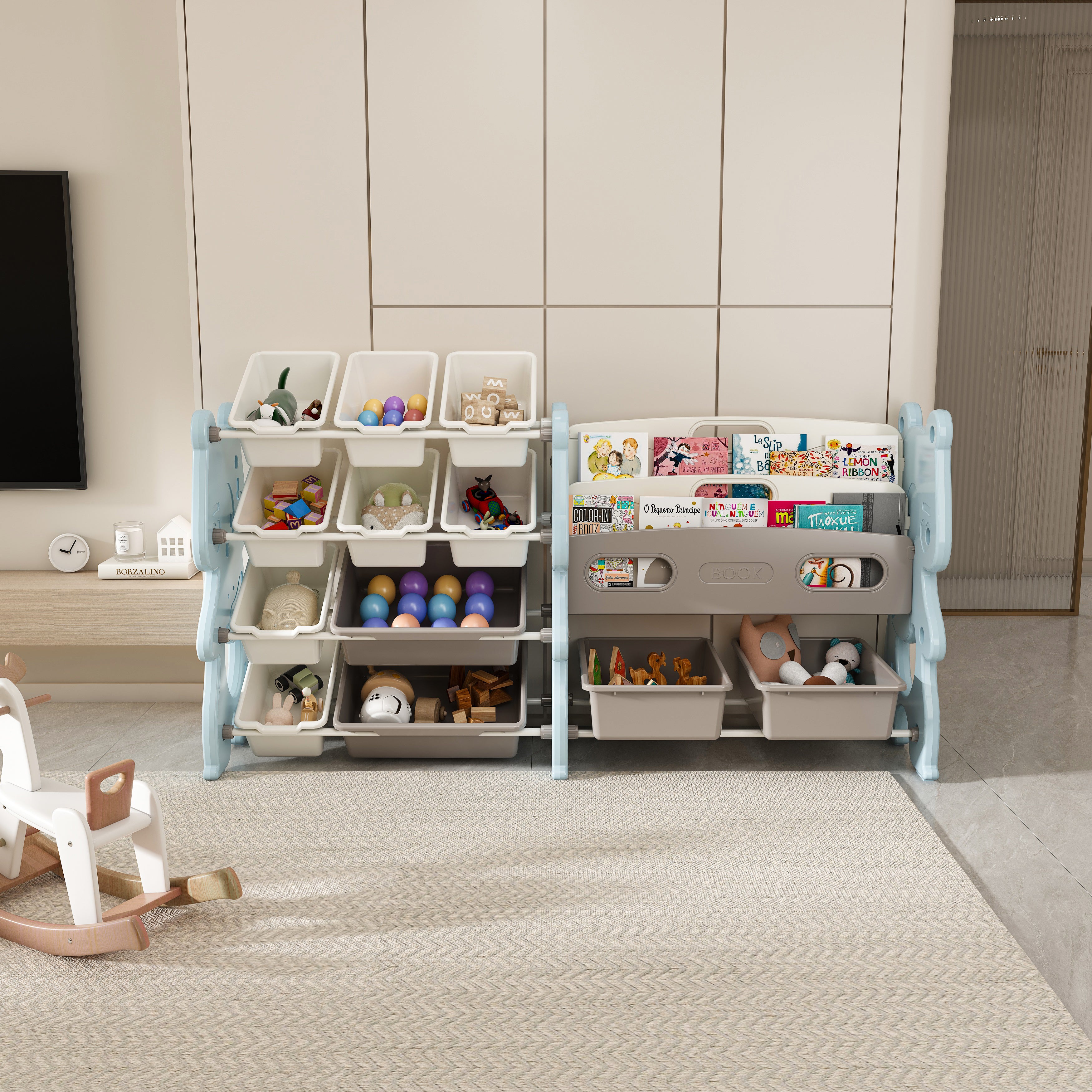 Kids Toy Storage Organizer with 2 Tier Bookshelf