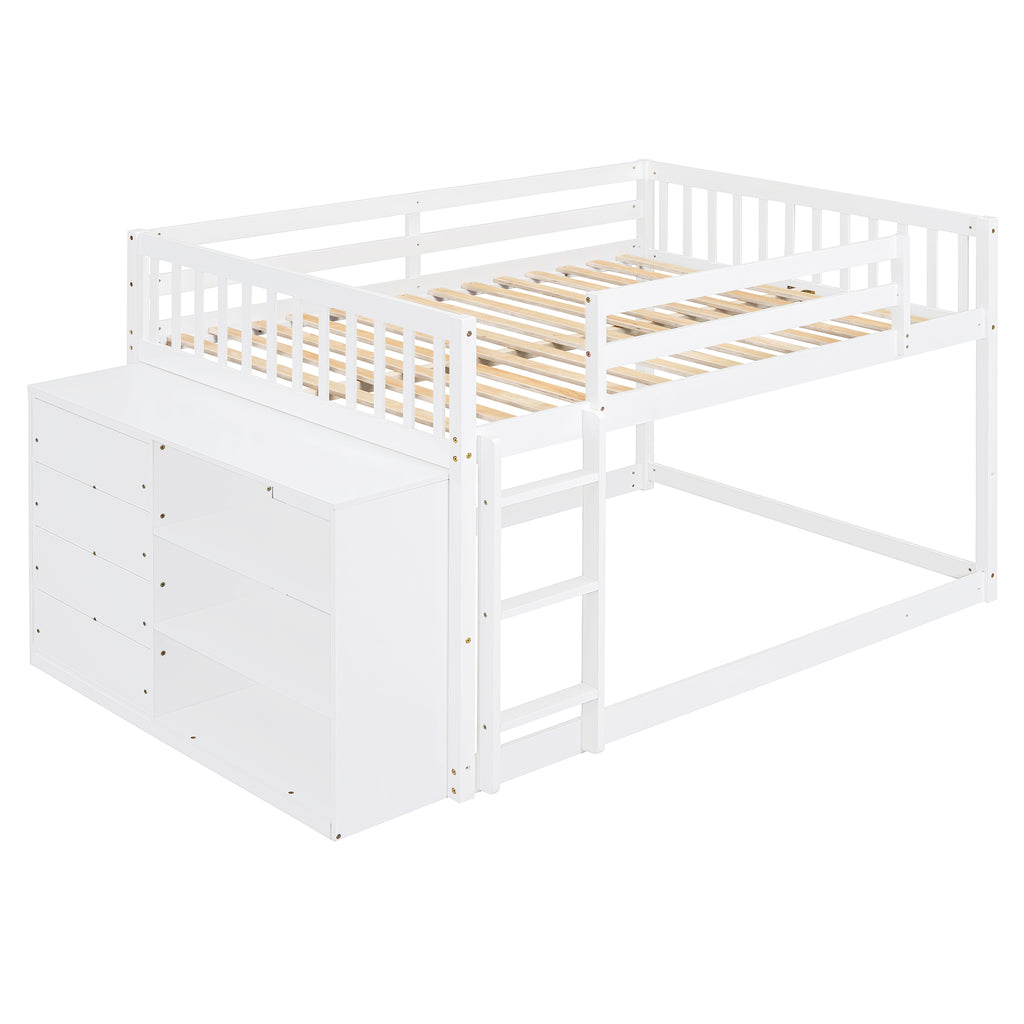 Full Over Full Bunk Bed with 4 Drawers and 3 Shelves - White