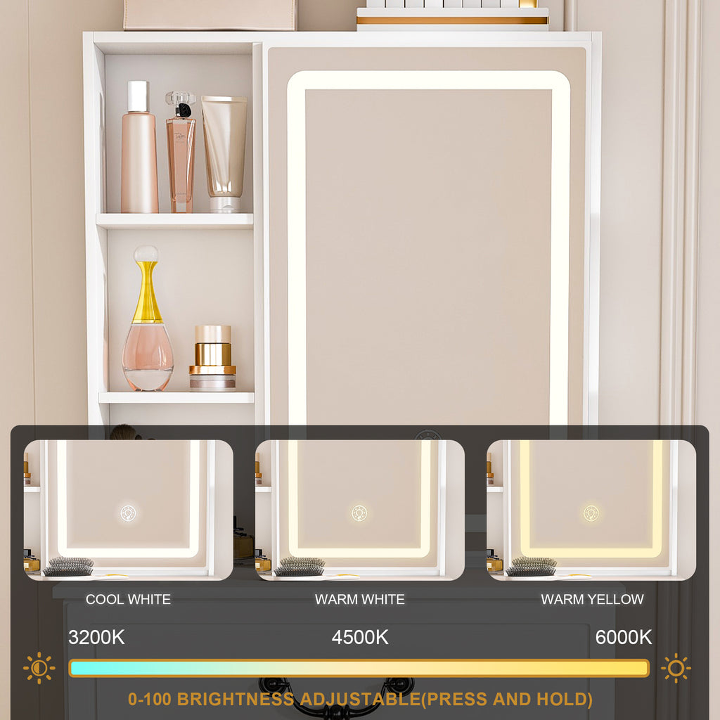 Modern Mini Dressing Table with LED-lit Mirror & Hidden Storage