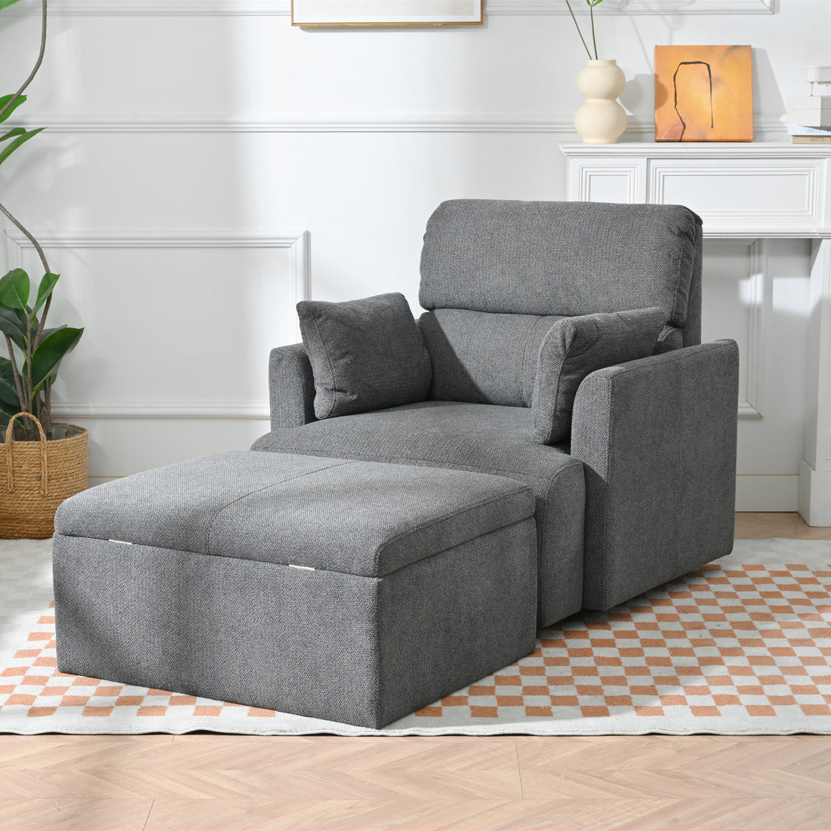 Oversized Accent Chair with Storage Ottoman, Dark Gray Velvet