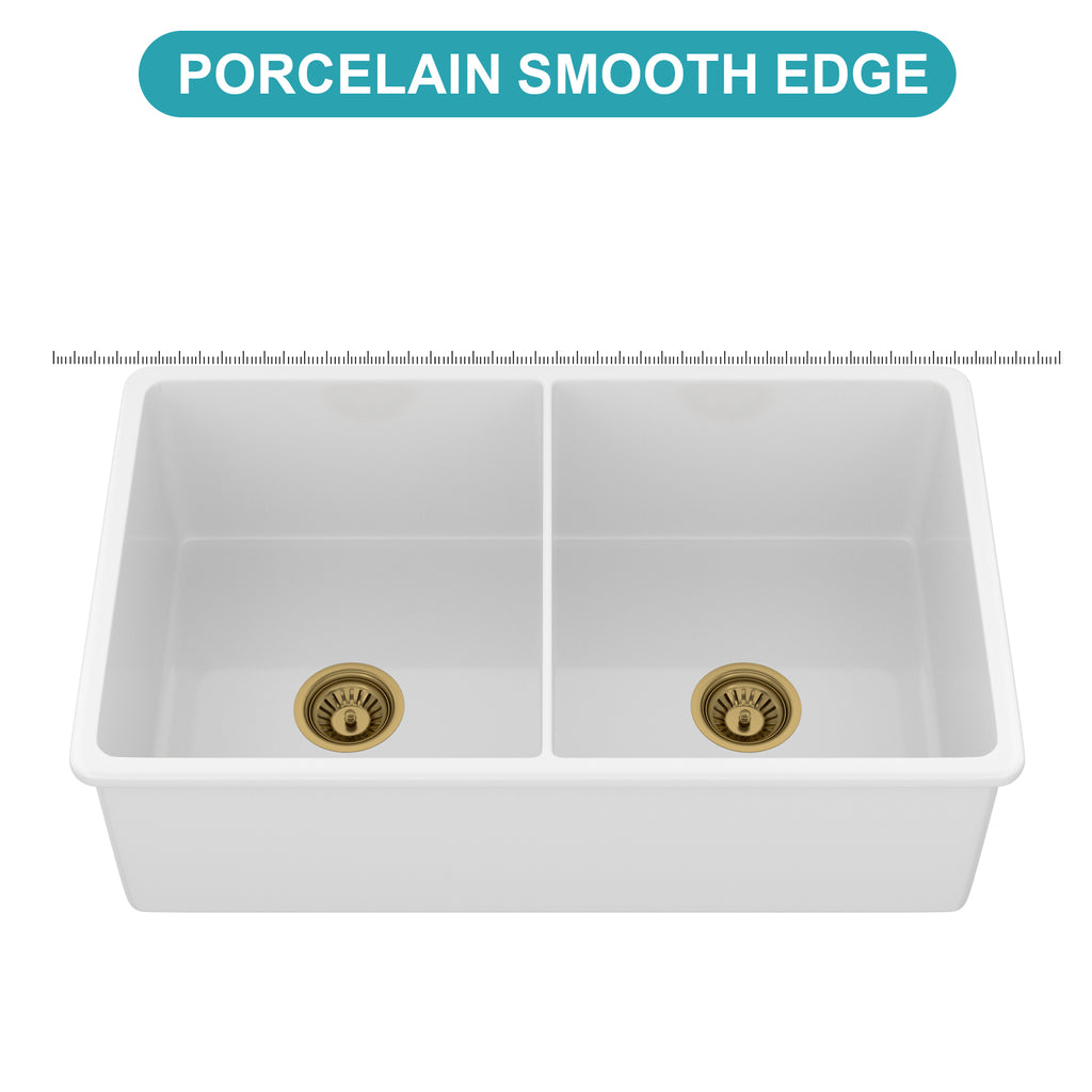 32"x19"x10" Undermount Double Bowl Porcelain Fireclay Kitchen Sink