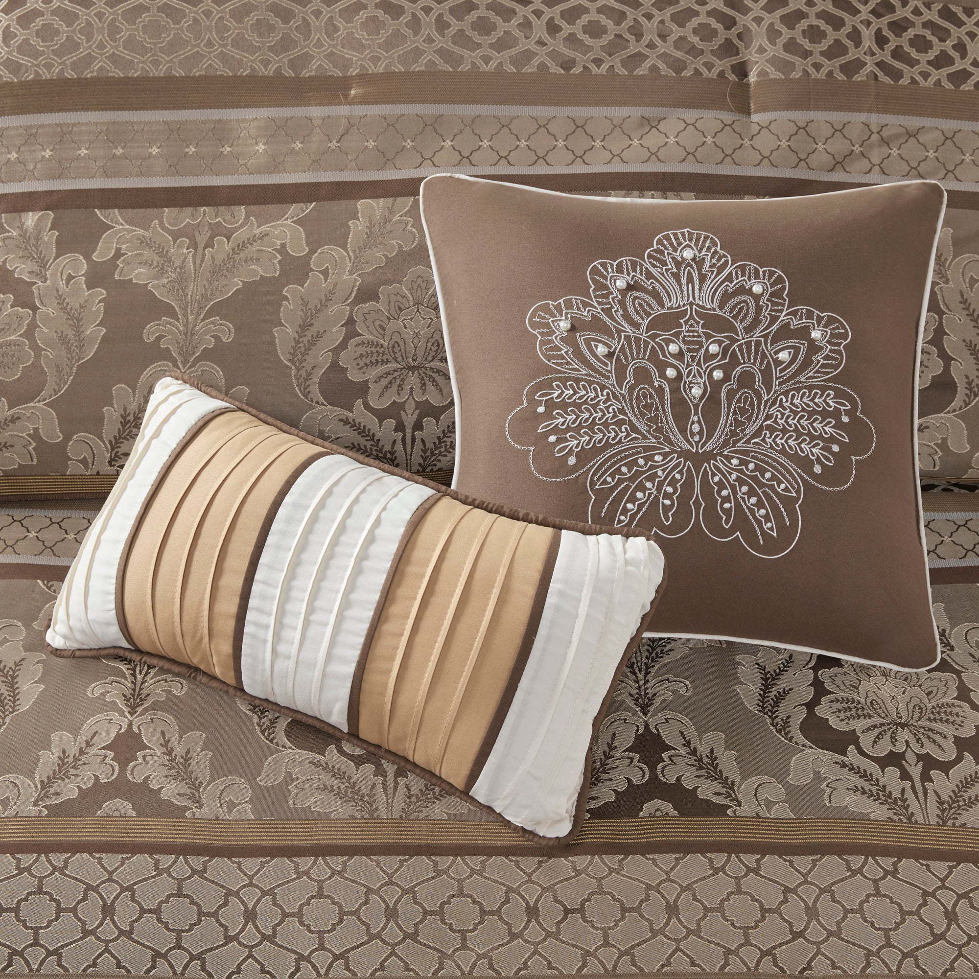7 Piece Jacquard Comforter Set Brown/Gold Queen